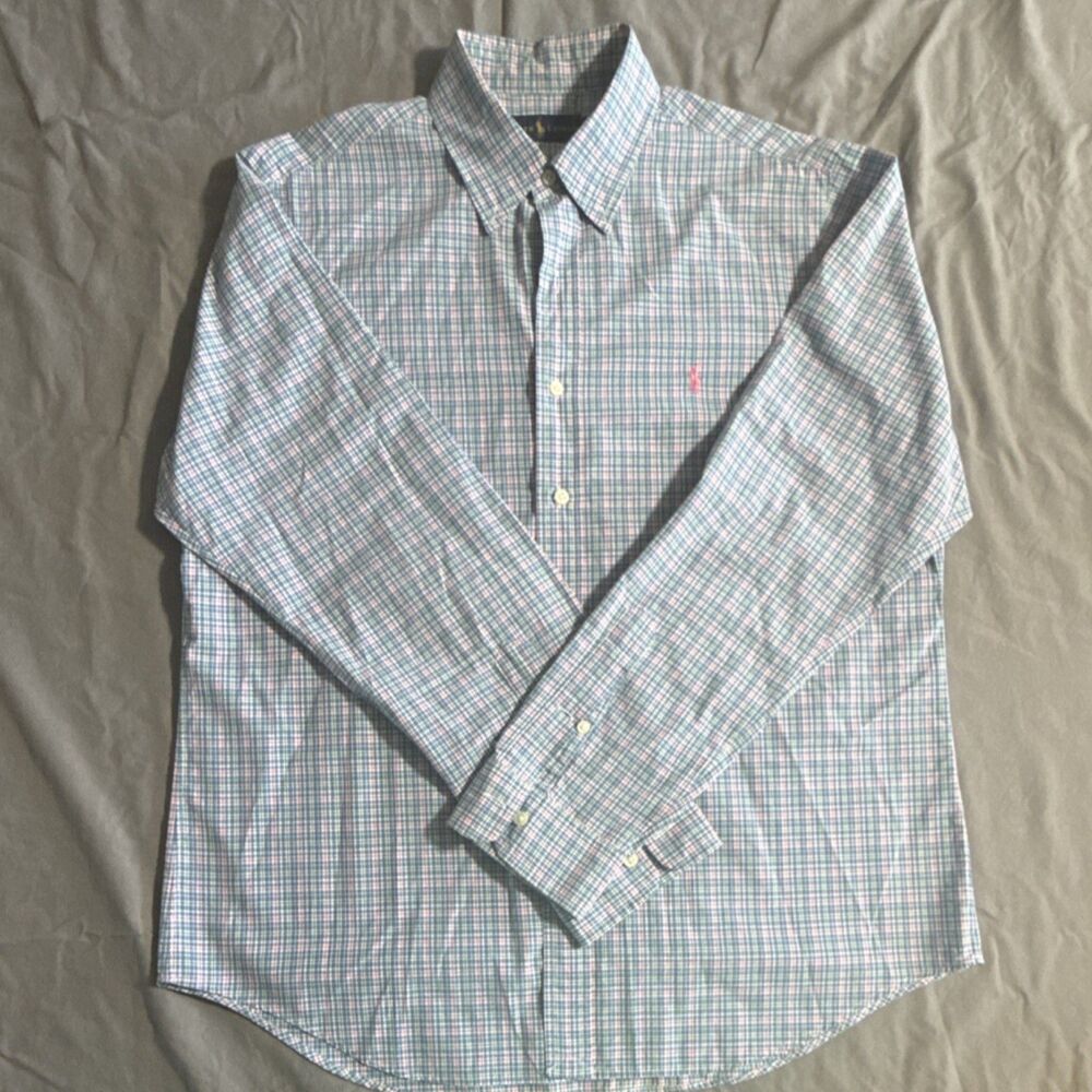 Ralph Lauren Men's L Plaid Dress Shirt Blue Green Button-Down Long Sleeve